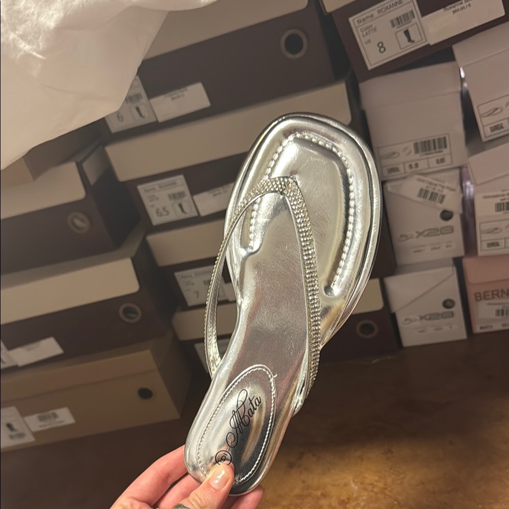 Silver Women's Flip Flops with Rhinestone Straps